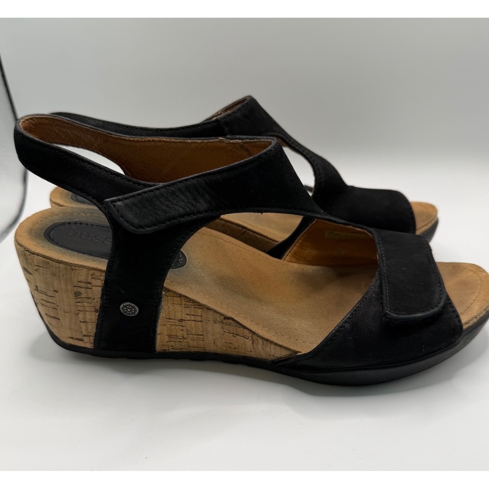 Bussola Wedge Sandals Womens 39 Black Good Nubuck Leather Cork Heel Strappy